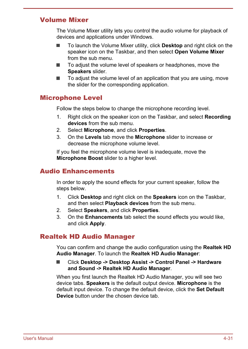 Volume mixer, Microphone level, Audio enhancements | Realtek hd audio manager | Toshiba WT310-K User Manual | Page 79 / 131