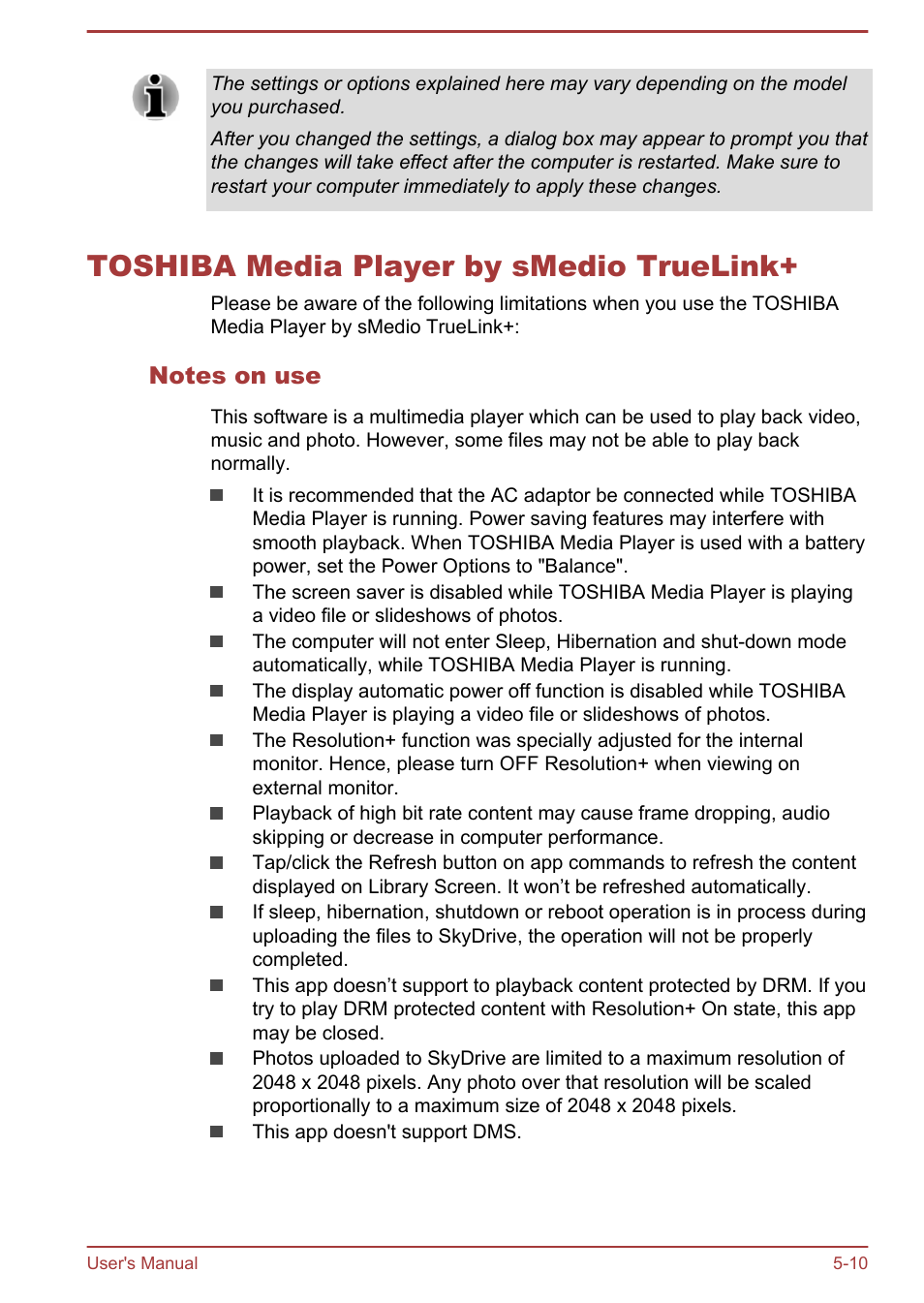 Toshiba media player by smedio truelink, Notes on use, Toshiba media player by smedio truelink+ -10 | Toshiba WT310-K User Manual | Page 91 / 131