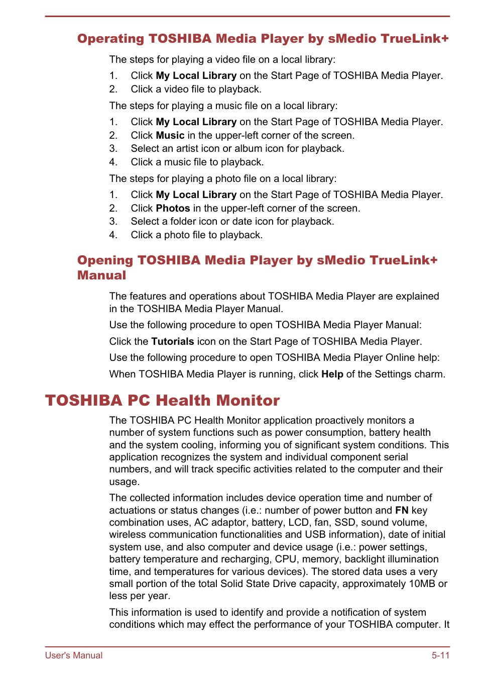 Operating toshiba media player by smedio truelink, Toshiba pc health monitor, Toshiba pc health monitor -11 | Toshiba WT310-K User Manual | Page 92 / 131