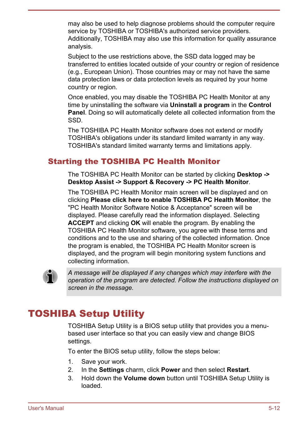 Starting the toshiba pc health monitor, Toshiba setup utility, Toshiba setup utility -12 | Toshiba WT310-K User Manual | Page 93 / 131