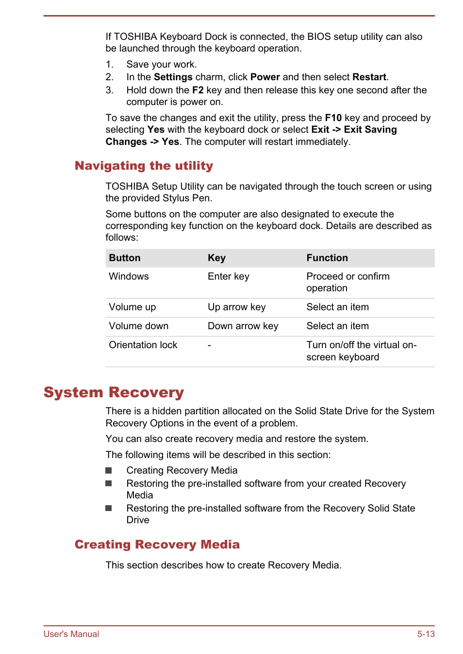 Navigating the utility, System recovery, Creating recovery media | System recovery -13 | Toshiba WT310-K User Manual | Page 94 / 131