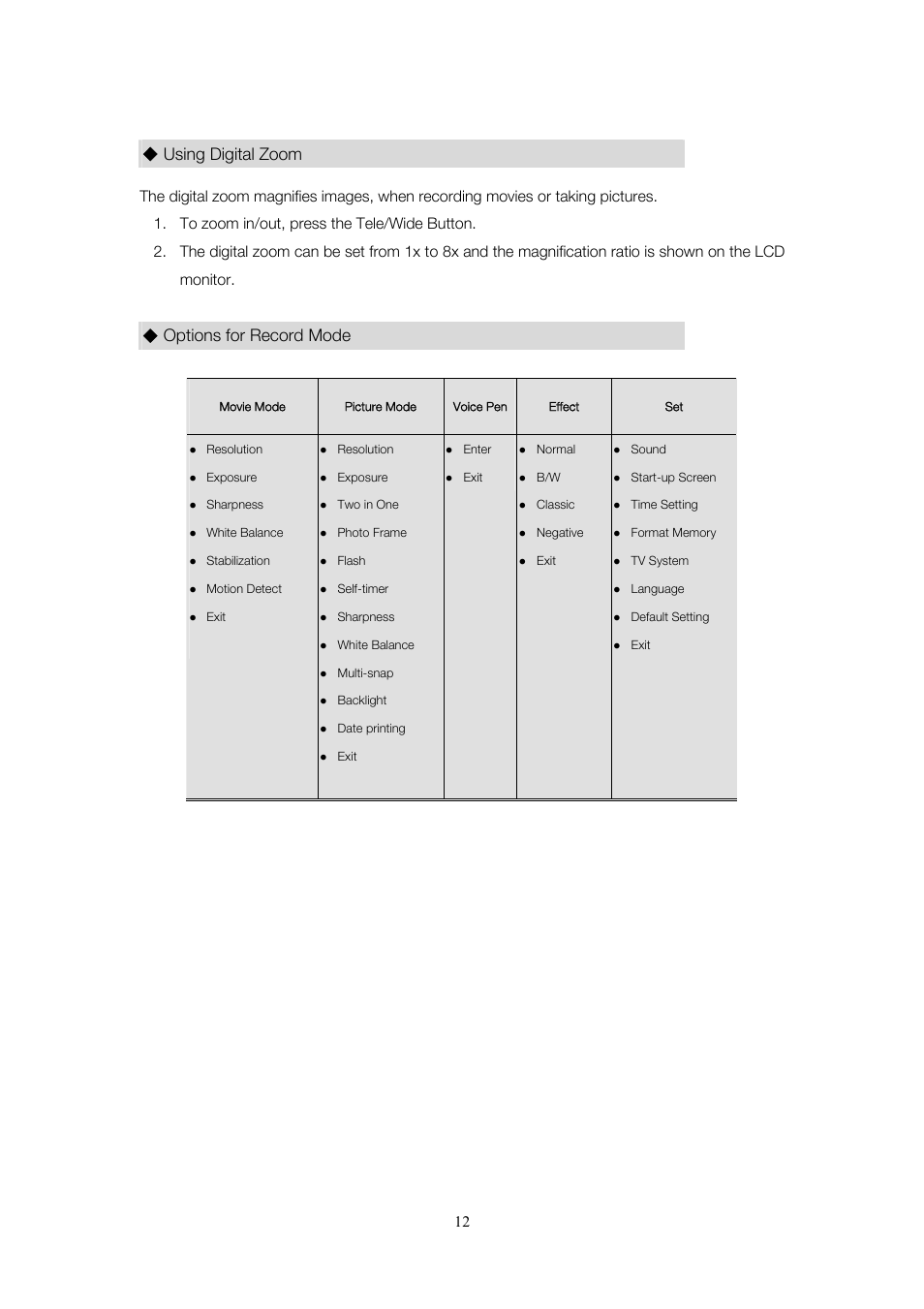 Using digital zoom, Options for record mode | Toshiba Camileo User Manual | Page 12 / 61