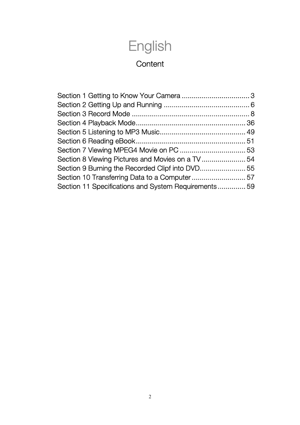 English, Content | Toshiba Camileo User Manual | Page 2 / 61