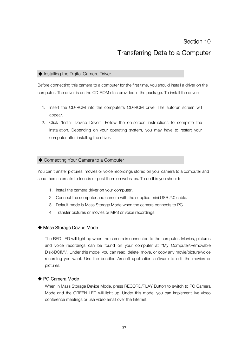 Transferring data to a computer | Toshiba Camileo User Manual | Page 57 / 61