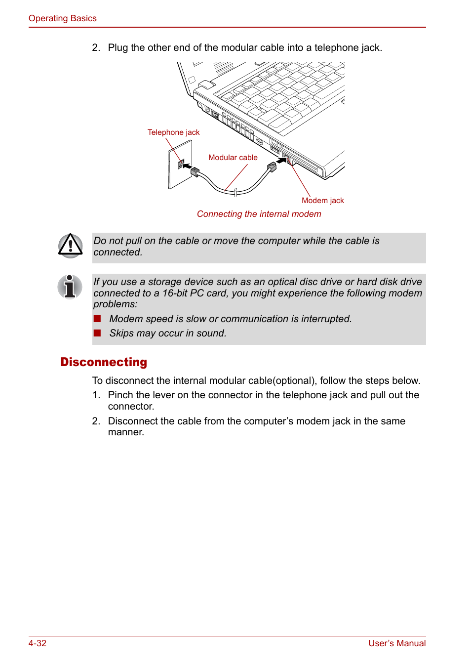 Disconnecting | Toshiba Satellite Pro U200 User Manual | Page 100 / 236