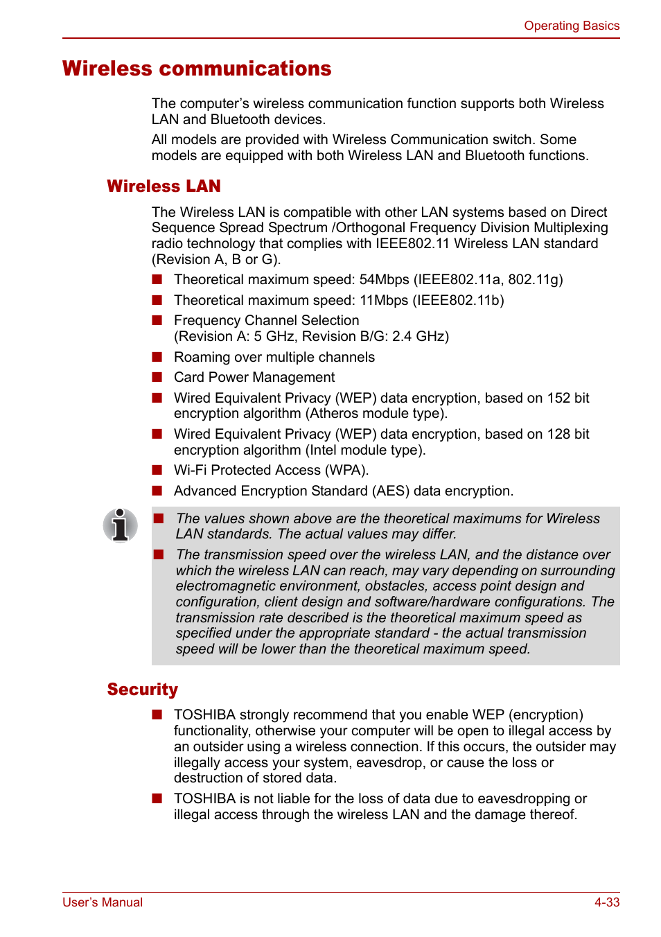 Wireless communications, Wireless communications -33, Wireless lan | Security | Toshiba Satellite Pro U200 User Manual | Page 101 / 236
