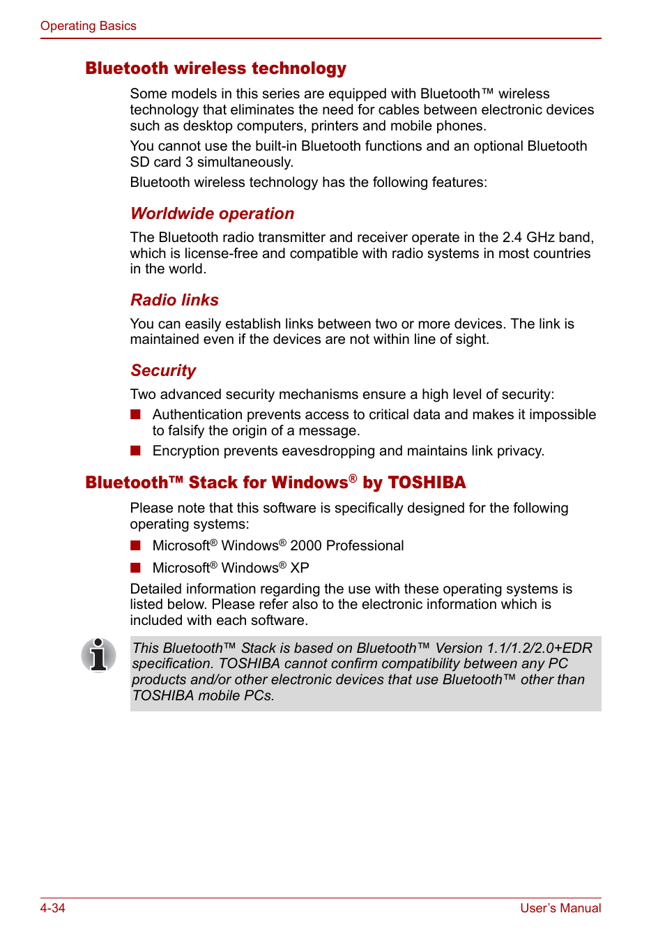 Bluetooth wireless technology, Bluetooth™ stack for windows, By toshiba | Toshiba Satellite Pro U200 User Manual | Page 102 / 236