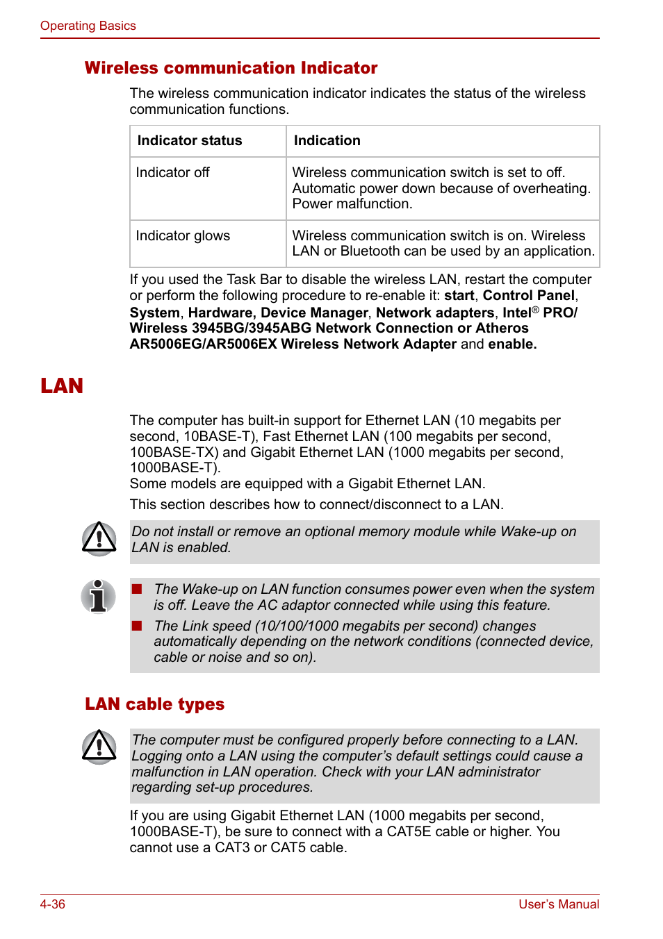 Lan -36, Wireless communication indicator, Lan cable types | Toshiba Satellite Pro U200 User Manual | Page 104 / 236
