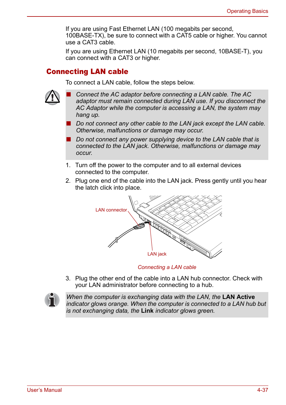 Connecting lan cable | Toshiba Satellite Pro U200 User Manual | Page 105 / 236