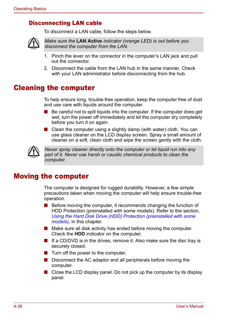 Cleaning the computer, Moving the computer, Cleaning the computer -38 moving the computer -38 | Disconnecting lan cable | Toshiba Satellite Pro U200 User Manual | Page 106 / 236
