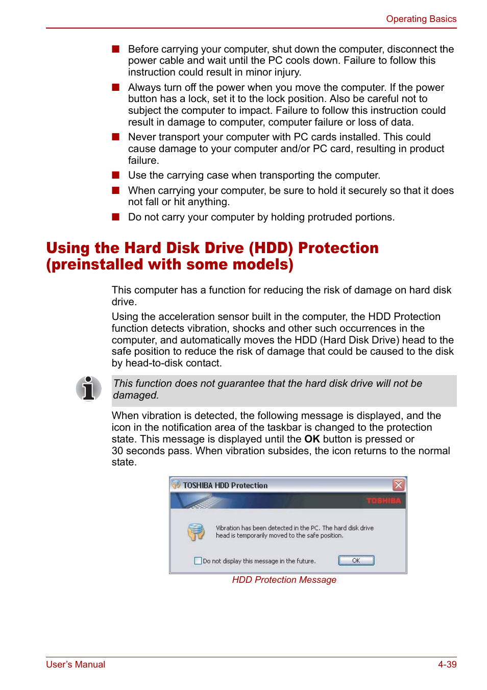 Using the hard disk drive (hdd) protection, Preinstalled with some models) -39, Preinstalled with some models) | Toshiba Satellite Pro U200 User Manual | Page 107 / 236