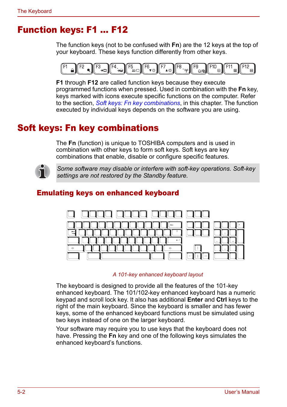 Function keys: f1 … f12, Soft keys: fn key combinations, Emulating keys on enhanced keyboard | 2 user’s manual the keyboard, A 101-key enhanced keyboard layout | Toshiba Satellite Pro U200 User Manual | Page 112 / 236