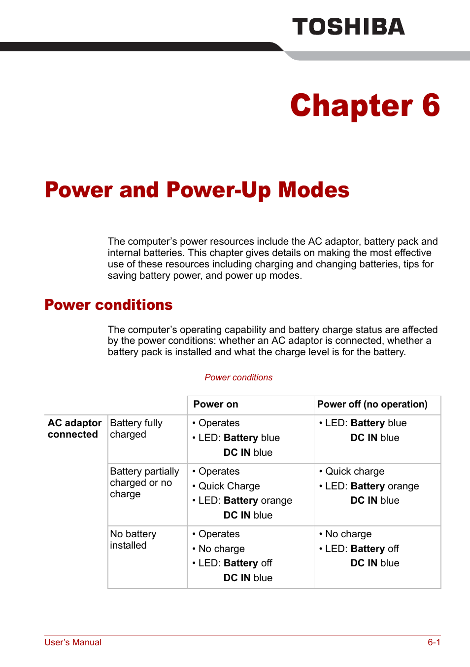 Chapter 6 - power and power-up modes, Power conditions, Chapter 6 | Power and power-up modes, Power conditions -1, Power and power-up, Modes | Toshiba Satellite Pro U200 User Manual | Page 119 / 236