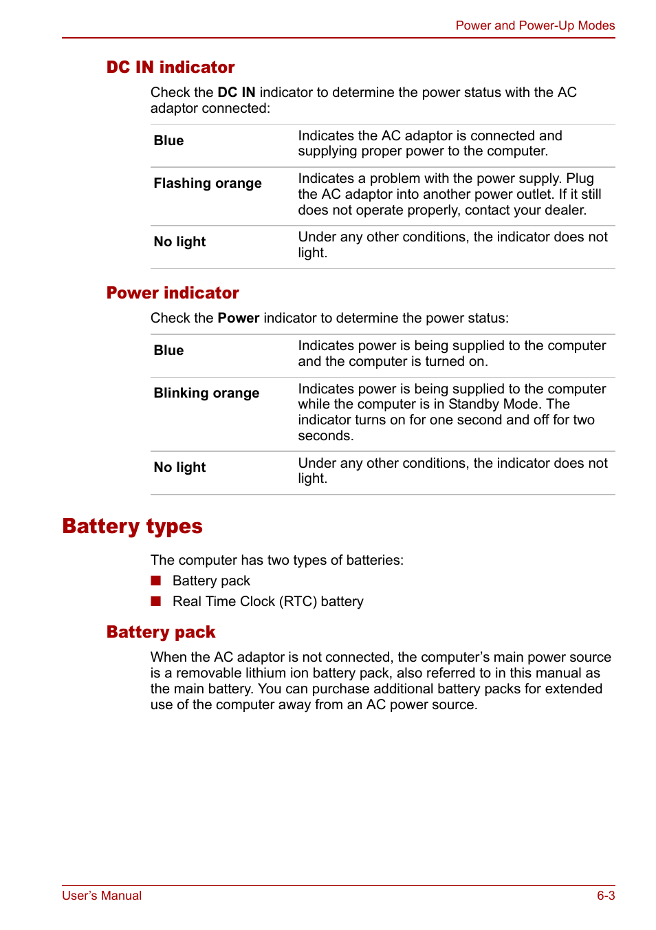 Battery types, Battery types -3, Dc in indicator | Power indicator, Battery pack | Toshiba Satellite Pro U200 User Manual | Page 121 / 236