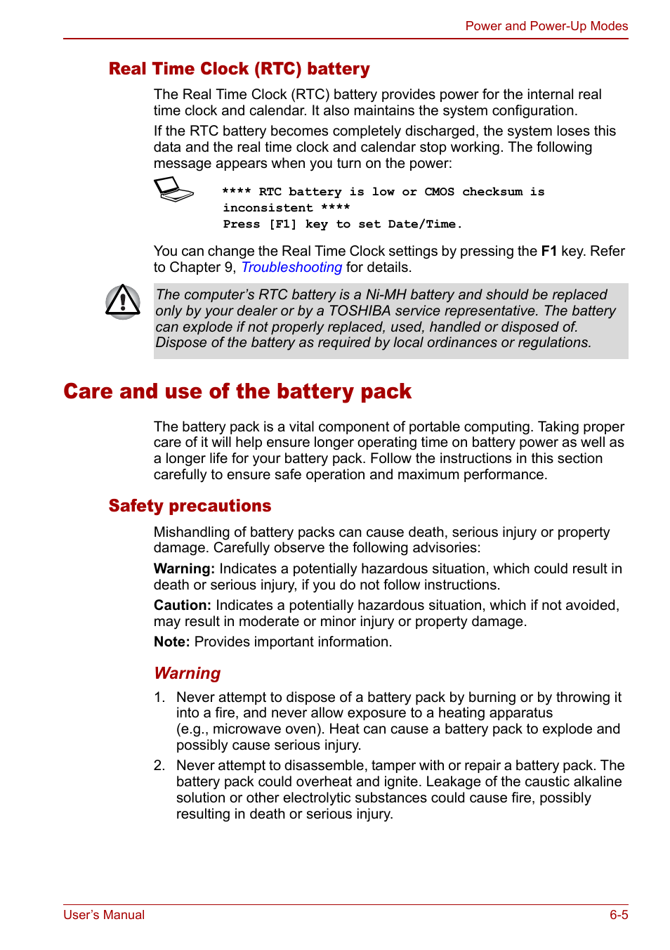 Care and use of the battery pack, Care and use of the battery pack -5 | Toshiba Satellite Pro U200 User Manual | Page 123 / 236