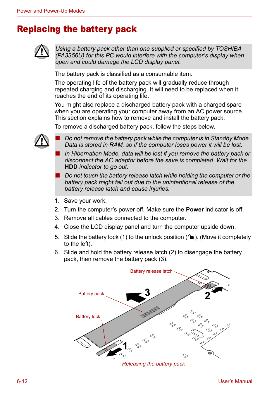 Replacing the battery pack, Replacing the battery pack -12 | Toshiba Satellite Pro U200 User Manual | Page 130 / 236