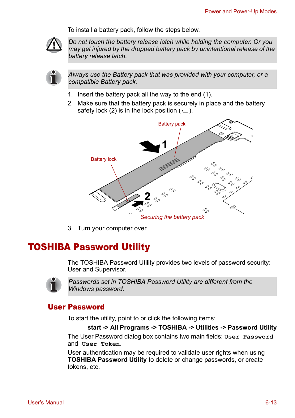 Toshiba password utility, Toshiba password utility -13, User password | Toshiba Satellite Pro U200 User Manual | Page 131 / 236