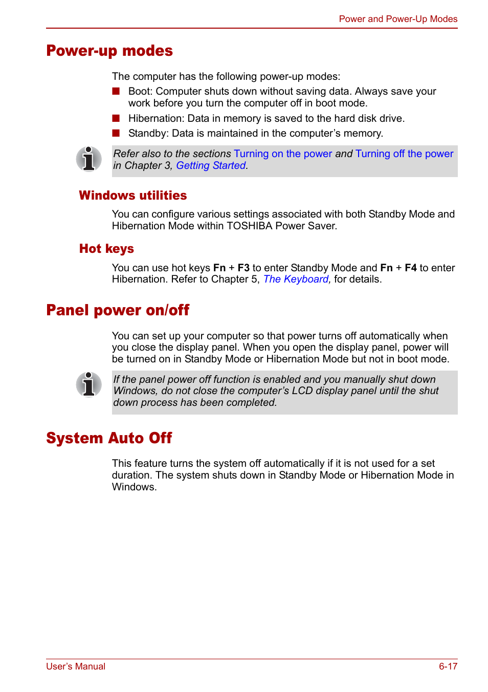 Power-up modes, Panel power on/off, System auto off | Toshiba Satellite Pro U200 User Manual | Page 135 / 236