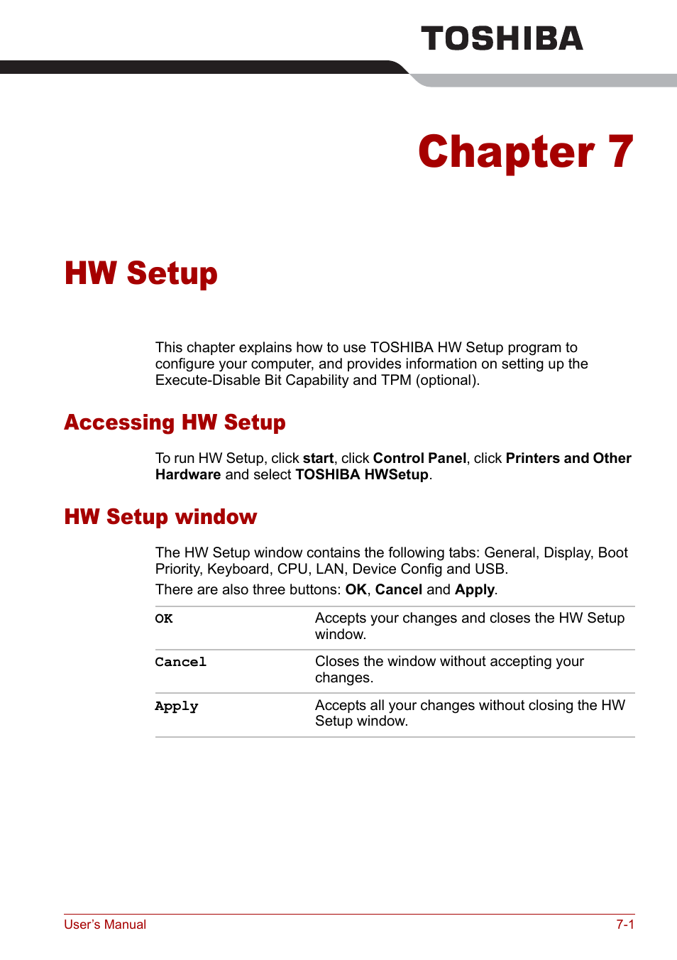 Chapter 7 - hw setup, Accessing hw setup, Hw setup window | Chapter 7, Hw setup, Accessing hw setup -1 hw setup window -1 | Toshiba Satellite Pro U200 User Manual | Page 137 / 236