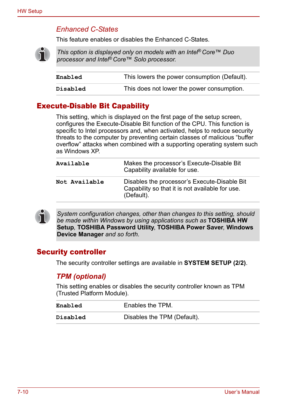 Execute-disable bit capability, Security controller, Enhanced c-states | Tpm (optional) | Toshiba Satellite Pro U200 User Manual | Page 146 / 236