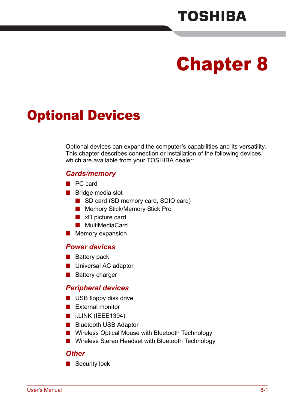 Chapter 8 - optional devices, Chapter 8, Optional devices | Hapter 8, Optional, Devices | Toshiba Satellite Pro U200 User Manual | Page 149 / 236