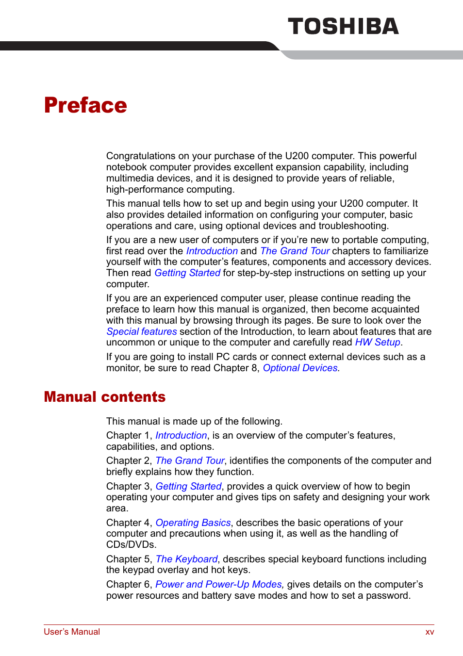Preface, Manual contents | Toshiba Satellite Pro U200 User Manual | Page 15 / 236