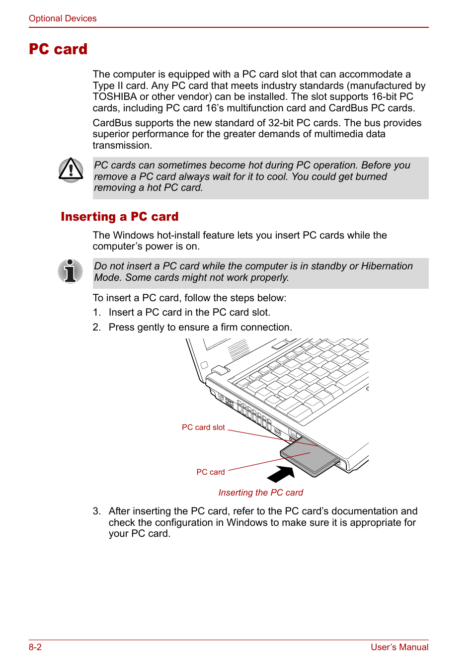 Pc card, Pc card -2, Inserting a pc card | Toshiba Satellite Pro U200 User Manual | Page 150 / 236