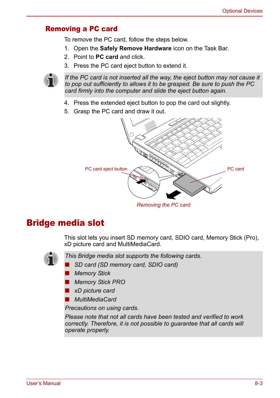 Bridge media slot, Bridge media slot -3, Removing a pc card | Toshiba Satellite Pro U200 User Manual | Page 151 / 236