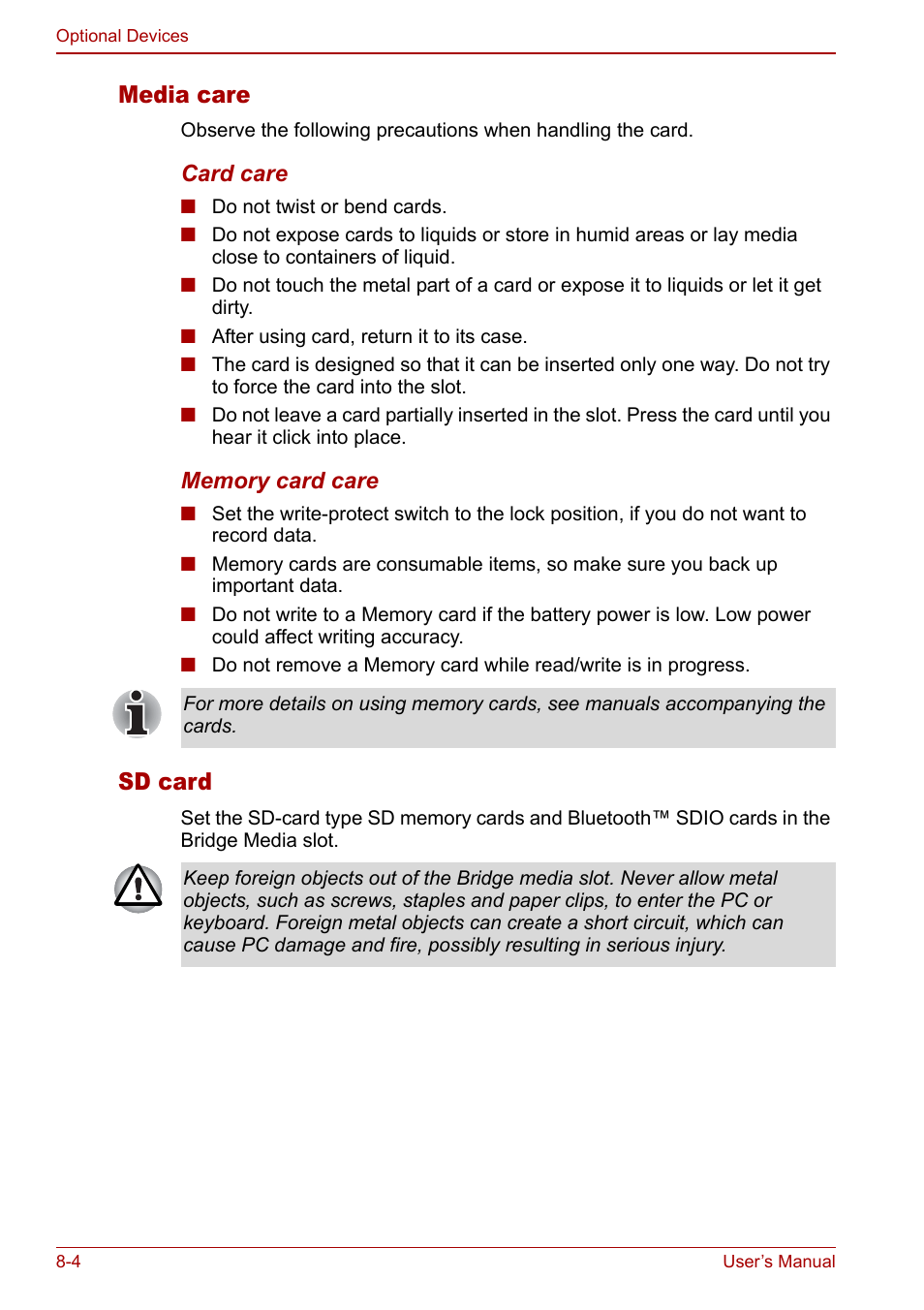 Media care, Sd card | Toshiba Satellite Pro U200 User Manual | Page 152 / 236