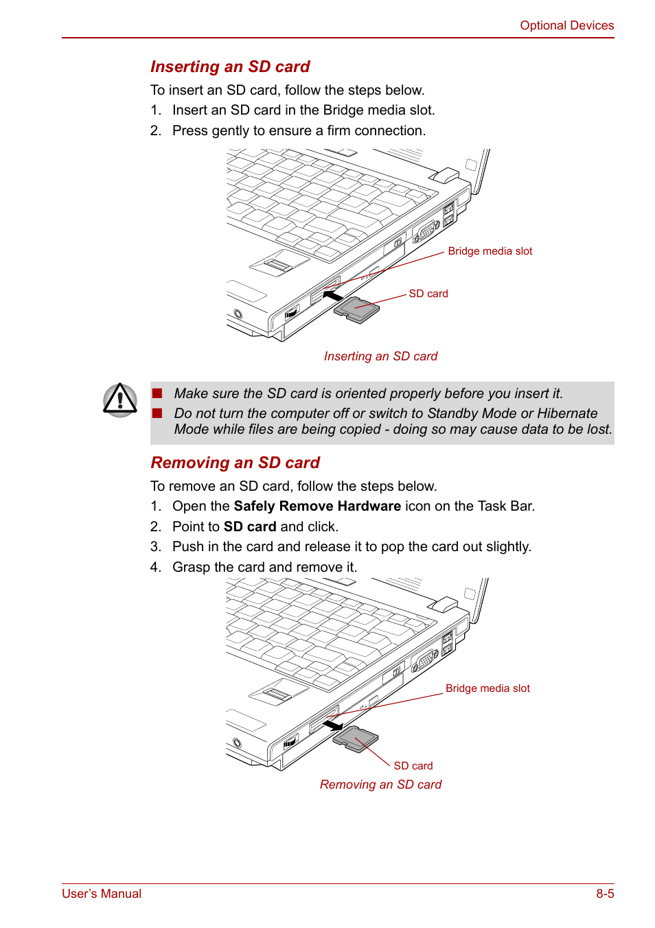 Inserting an sd card, Removing an sd card | Toshiba Satellite Pro U200 User Manual | Page 153 / 236