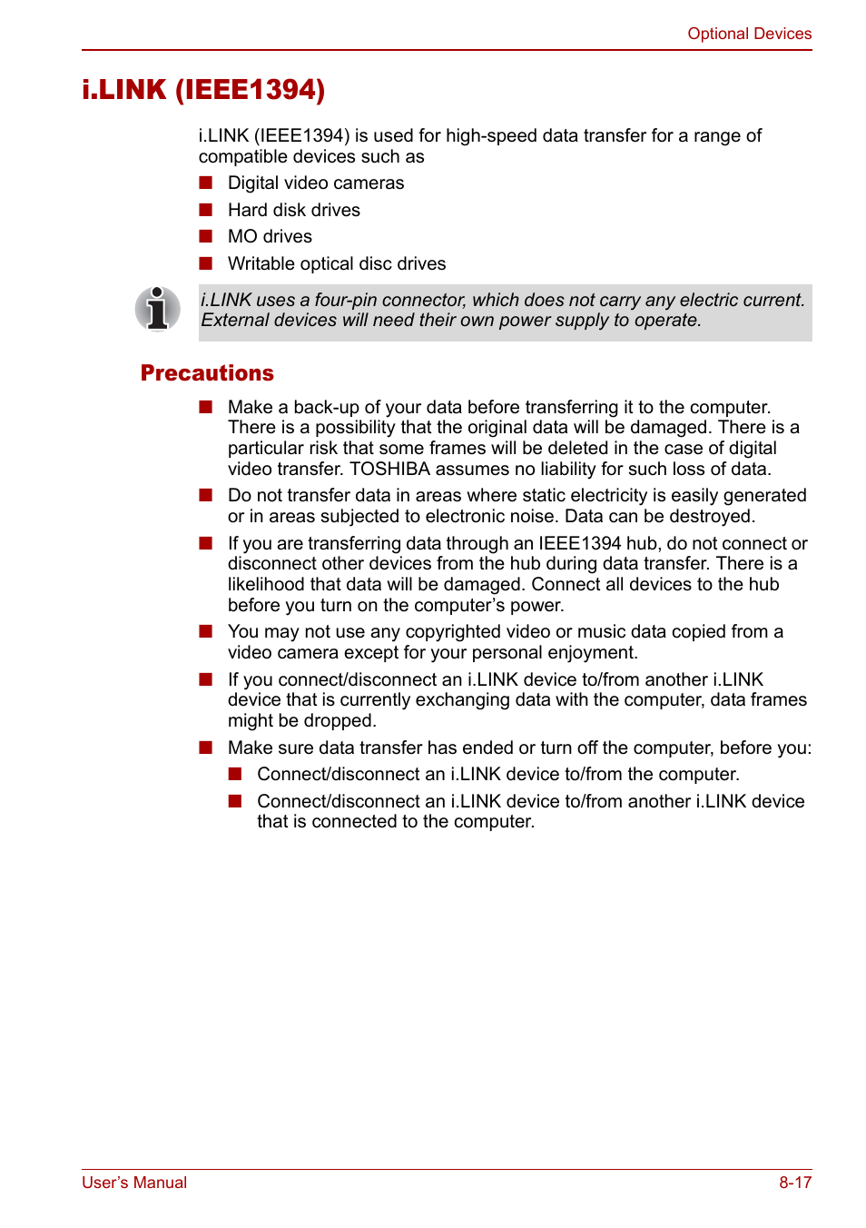 I.link (ieee1394), I.link (ieee1394) -17, Precautions | Toshiba Satellite Pro U200 User Manual | Page 165 / 236