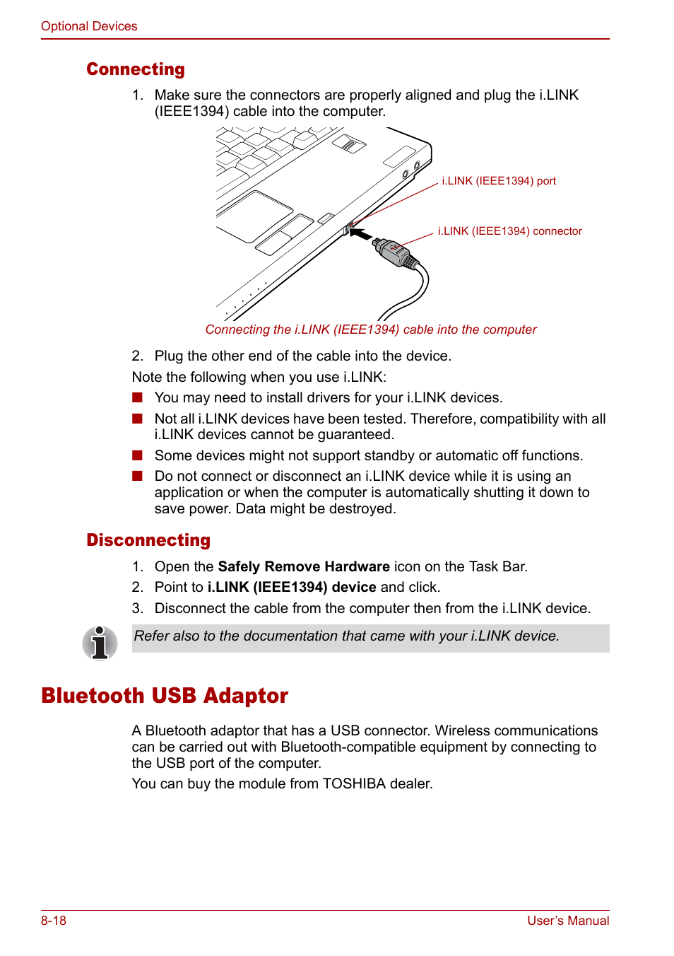 Bluetooth usb adaptor, Bluetooth usb adaptor -18, Connecting | Disconnecting | Toshiba Satellite Pro U200 User Manual | Page 166 / 236