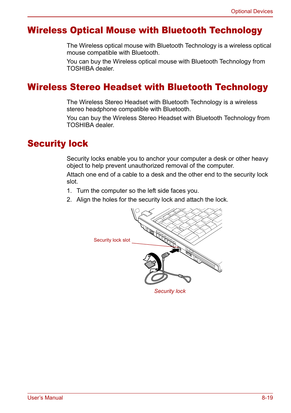 Wireless optical mouse with bluetooth technology, Wireless stereo headset with bluetooth technology, Security lock | Toshiba Satellite Pro U200 User Manual | Page 167 / 236