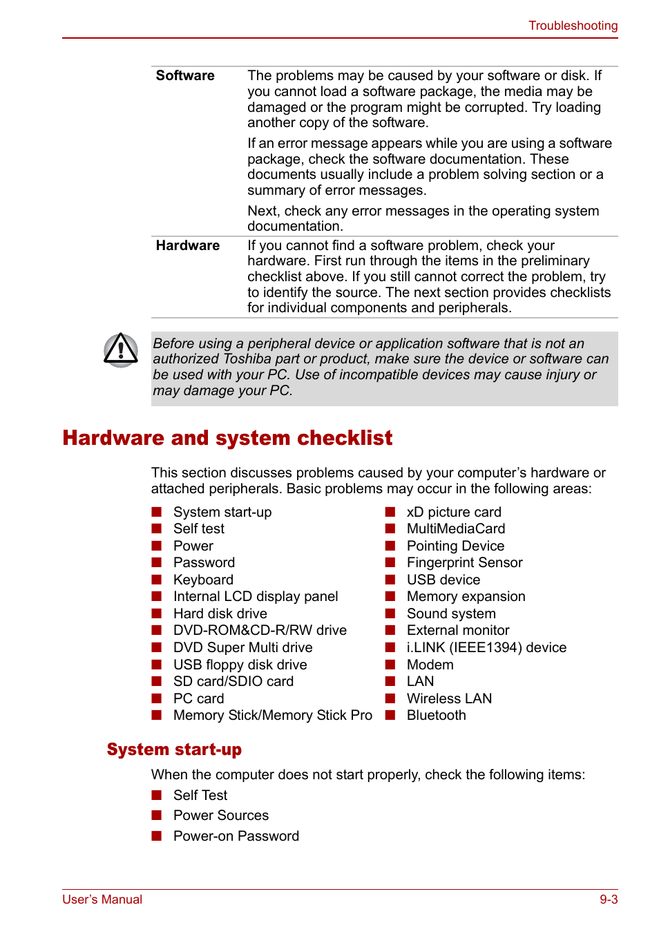Hardware and system checklist, Hardware and system checklist -3, System start-up | Toshiba Satellite Pro U200 User Manual | Page 171 / 236