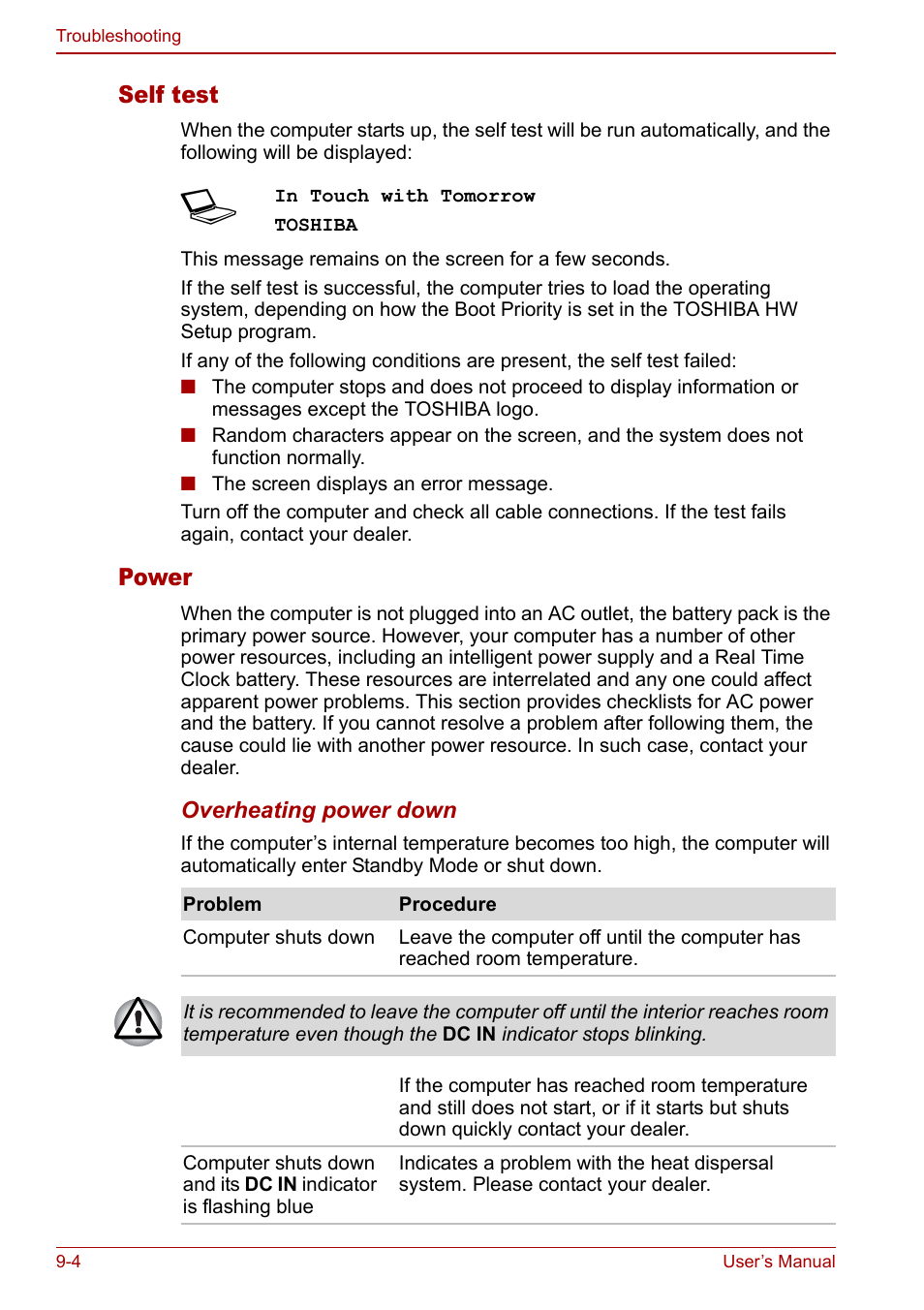Self test, Power | Toshiba Satellite Pro U200 User Manual | Page 172 / 236
