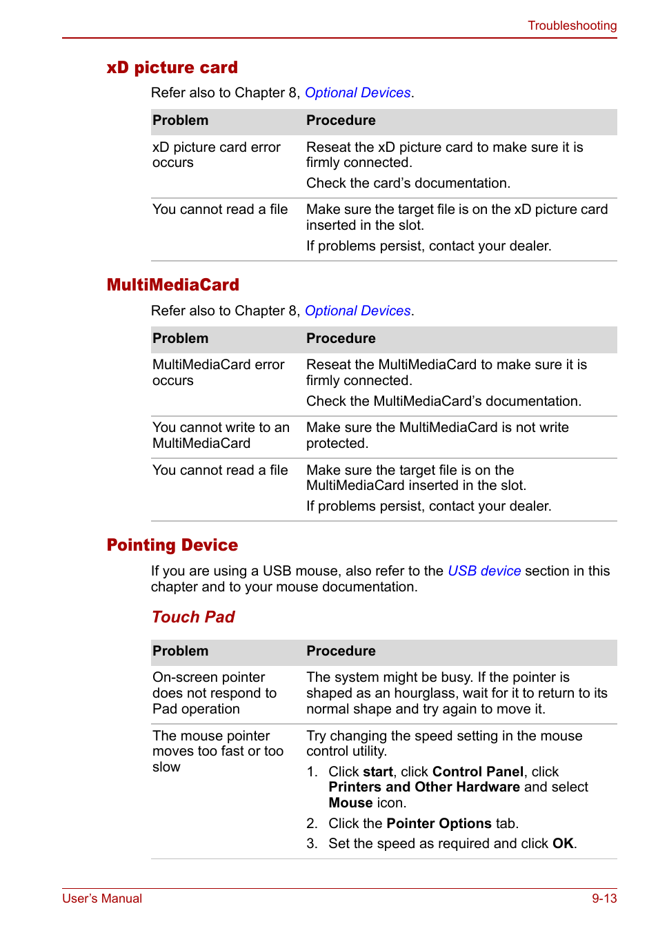 Xd picture card, Multimediacard, Pointing device | Toshiba Satellite Pro U200 User Manual | Page 181 / 236