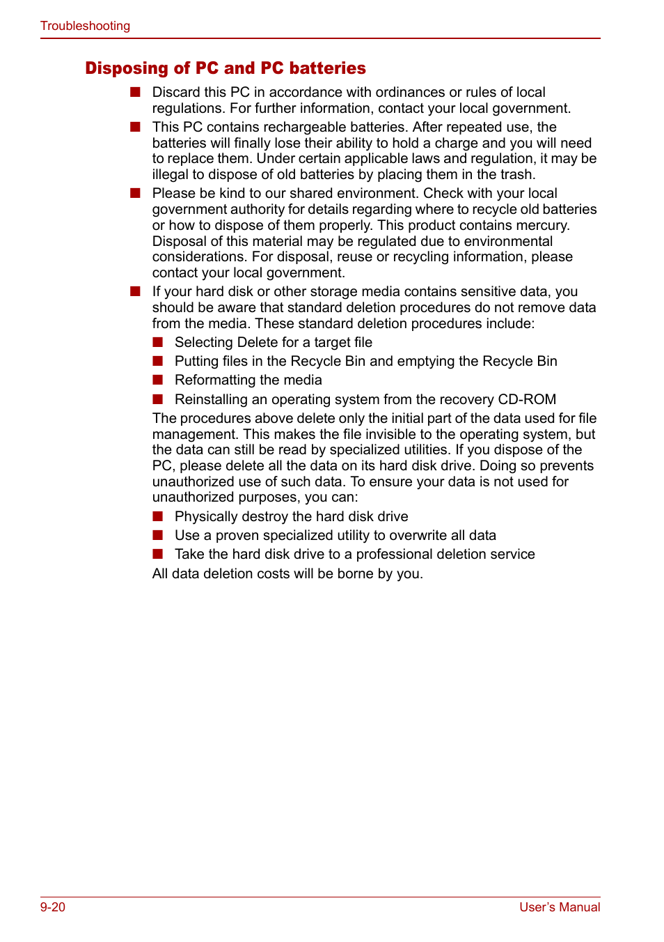 Disposing of pc and pc batteries | Toshiba Satellite Pro U200 User Manual | Page 188 / 236