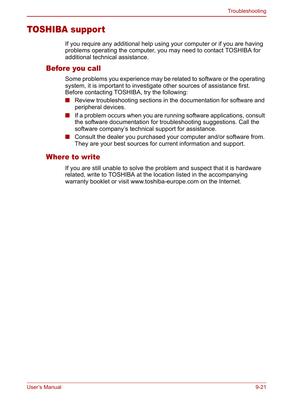 Toshiba support, Toshiba support -21, Before you call | Where to write | Toshiba Satellite Pro U200 User Manual | Page 189 / 236