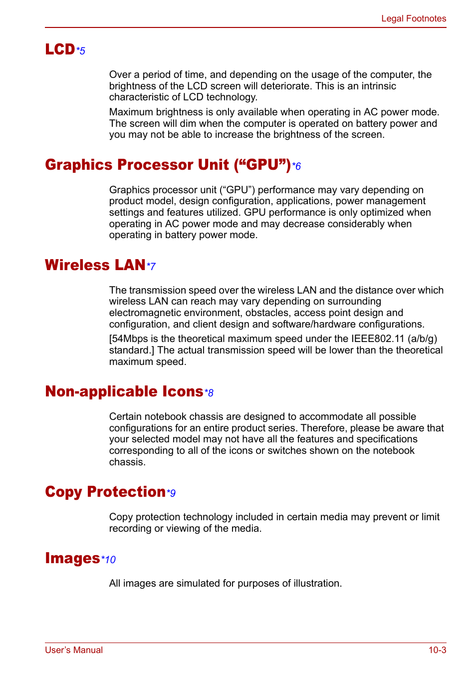 Gpu”)), Legal footnote (non-applicable icons), Graphics processor unit (“gpu”) | Wireless la n, Non-applicab le icons, Copy protection, Images | Toshiba Satellite Pro U200 User Manual | Page 193 / 236