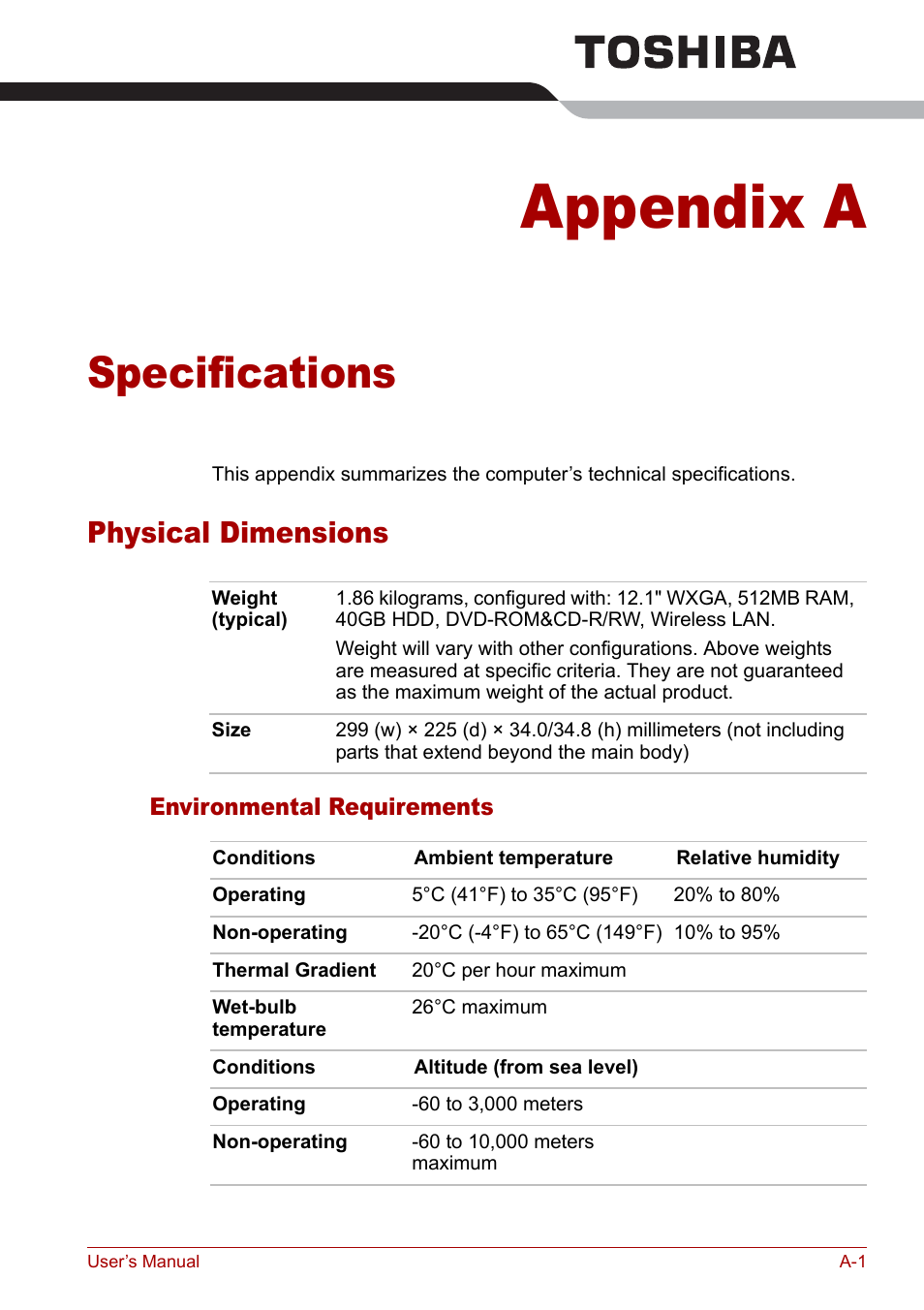 Appendix a - specifications, Appendix a, Specifications | Appendixes, Physical dimensions | Toshiba Satellite Pro U200 User Manual | Page 195 / 236