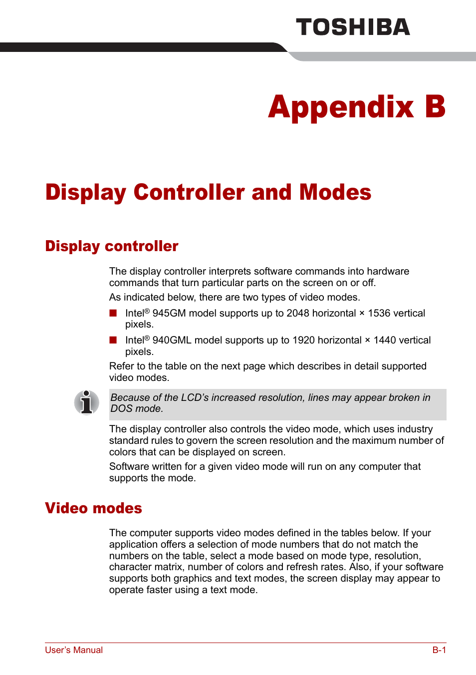 Appendix b - display controller and modes, Appendix b, Display controller and modes | Dix b, Display, Controller and modes, Display controller, Video modes | Toshiba Satellite Pro U200 User Manual | Page 199 / 236