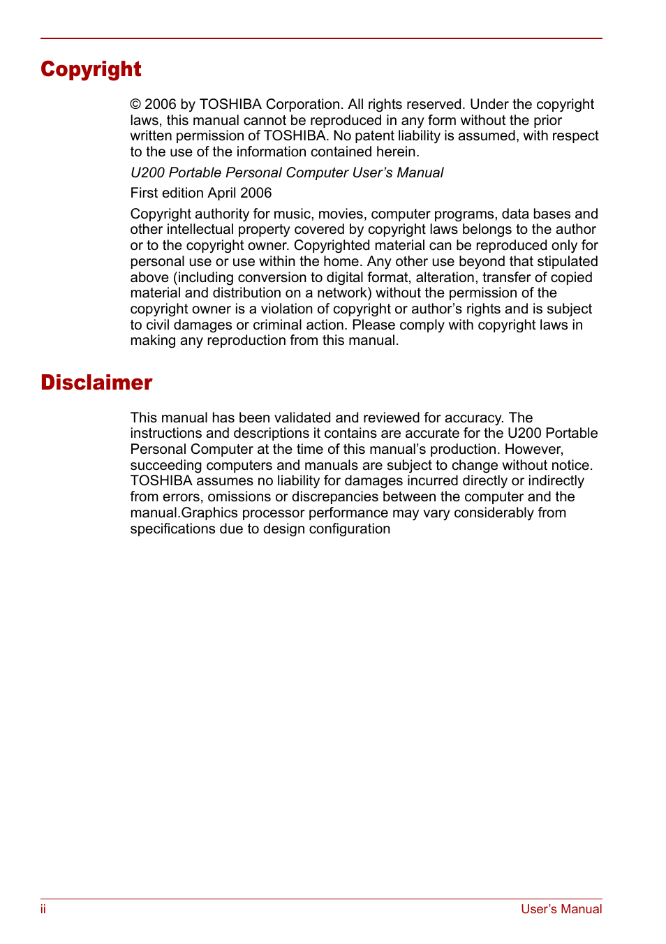 Copyright, Disclaimer | Toshiba Satellite Pro U200 User Manual | Page 2 / 236