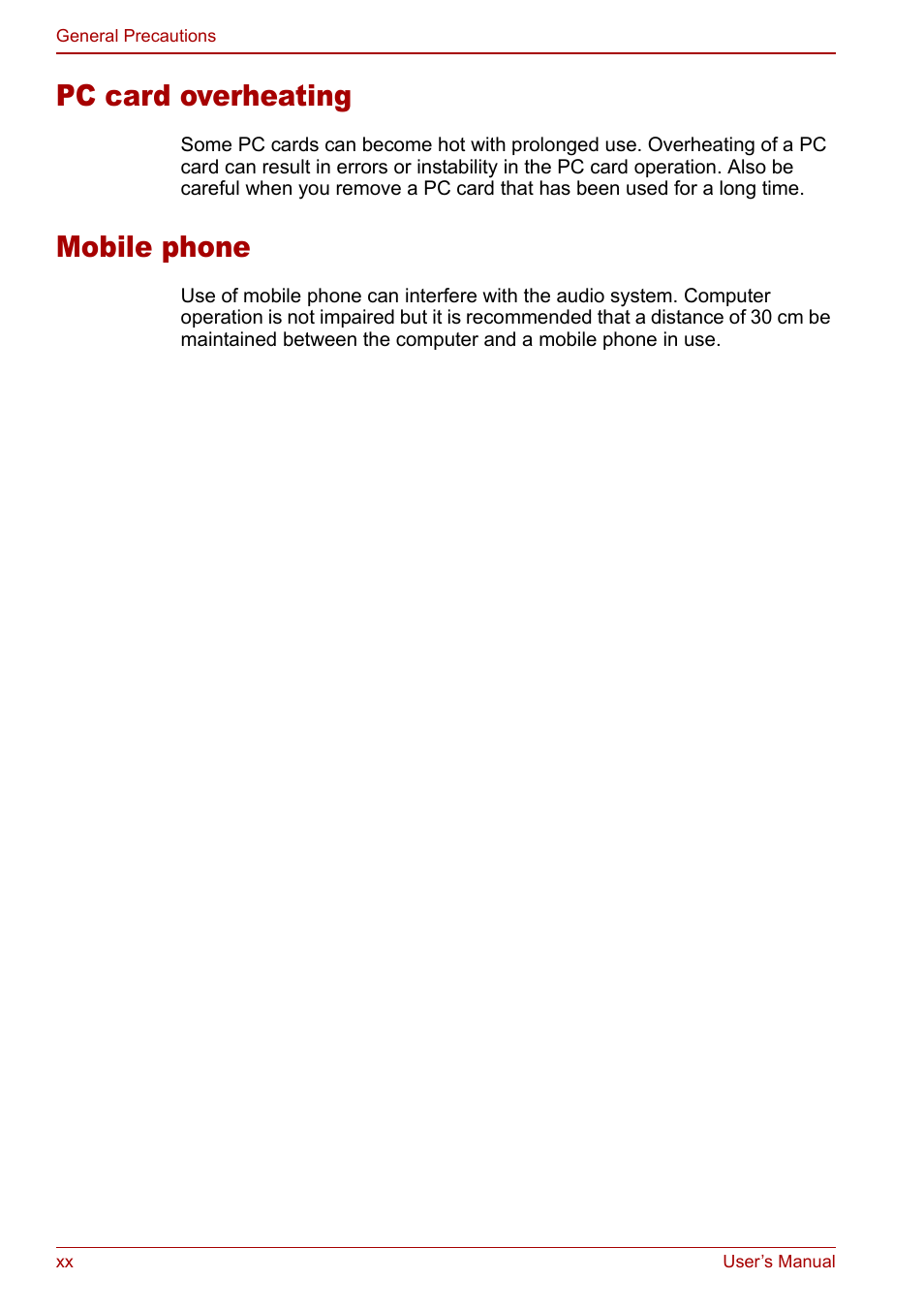 Pc card overheating, Mobile phone | Toshiba Satellite Pro U200 User Manual | Page 20 / 236
