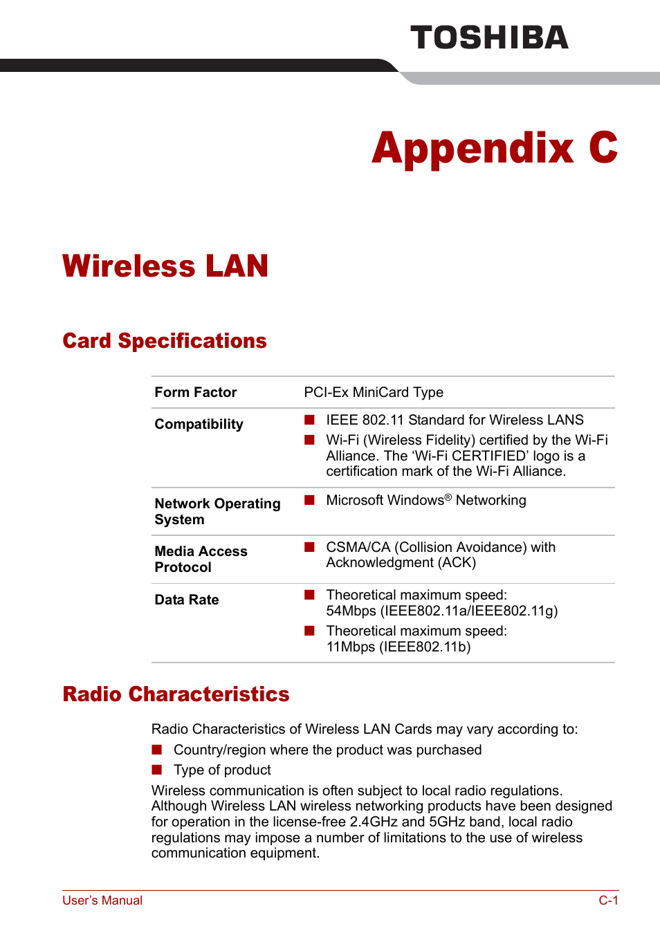 Appendix c - wireless lan, Card specifications, Radio characteristics | Appendix c, Wireless lan, Card specifications radio characteristics | Toshiba Satellite Pro U200 User Manual | Page 209 / 236