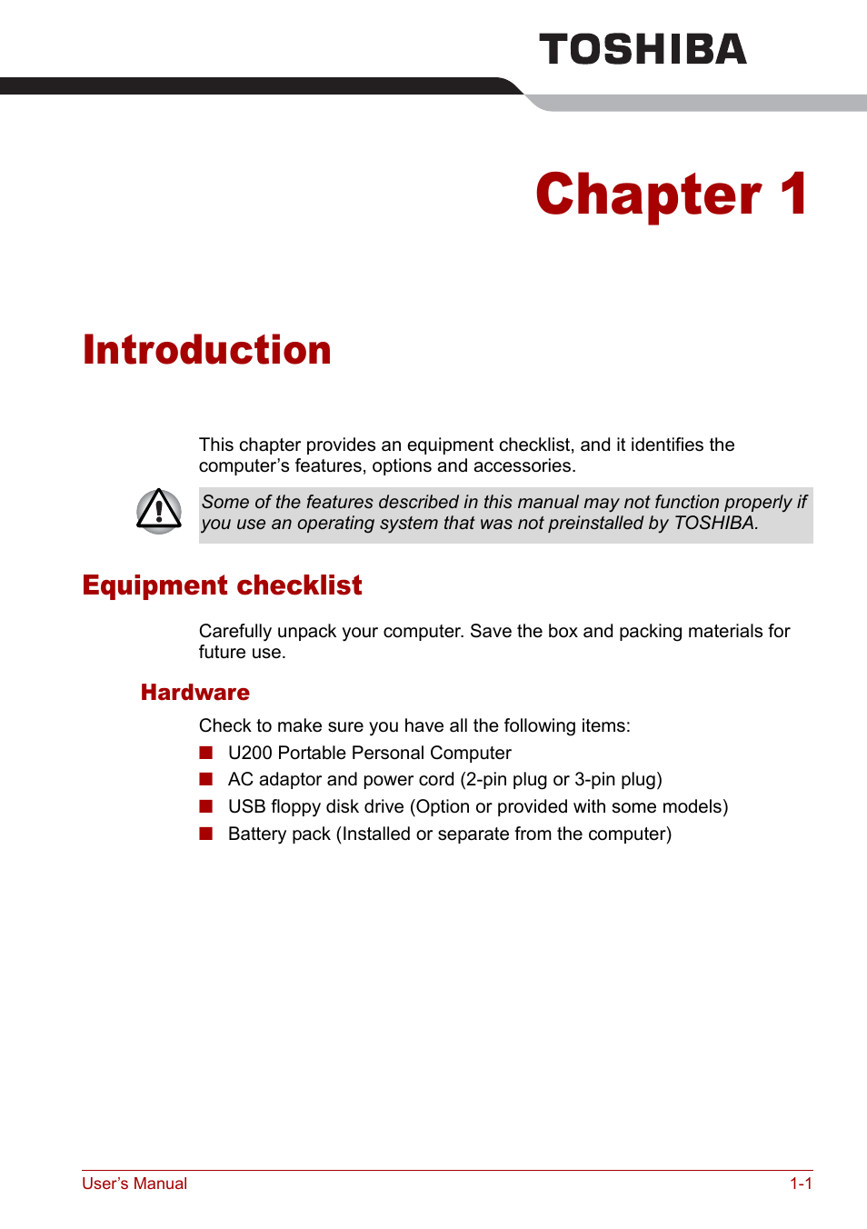 Chapter 1 - introduction, Equipment checklist, Chapter 1 | Introduction, Equipment checklist -1, Is an overvie | Toshiba Satellite Pro U200 User Manual | Page 21 / 236