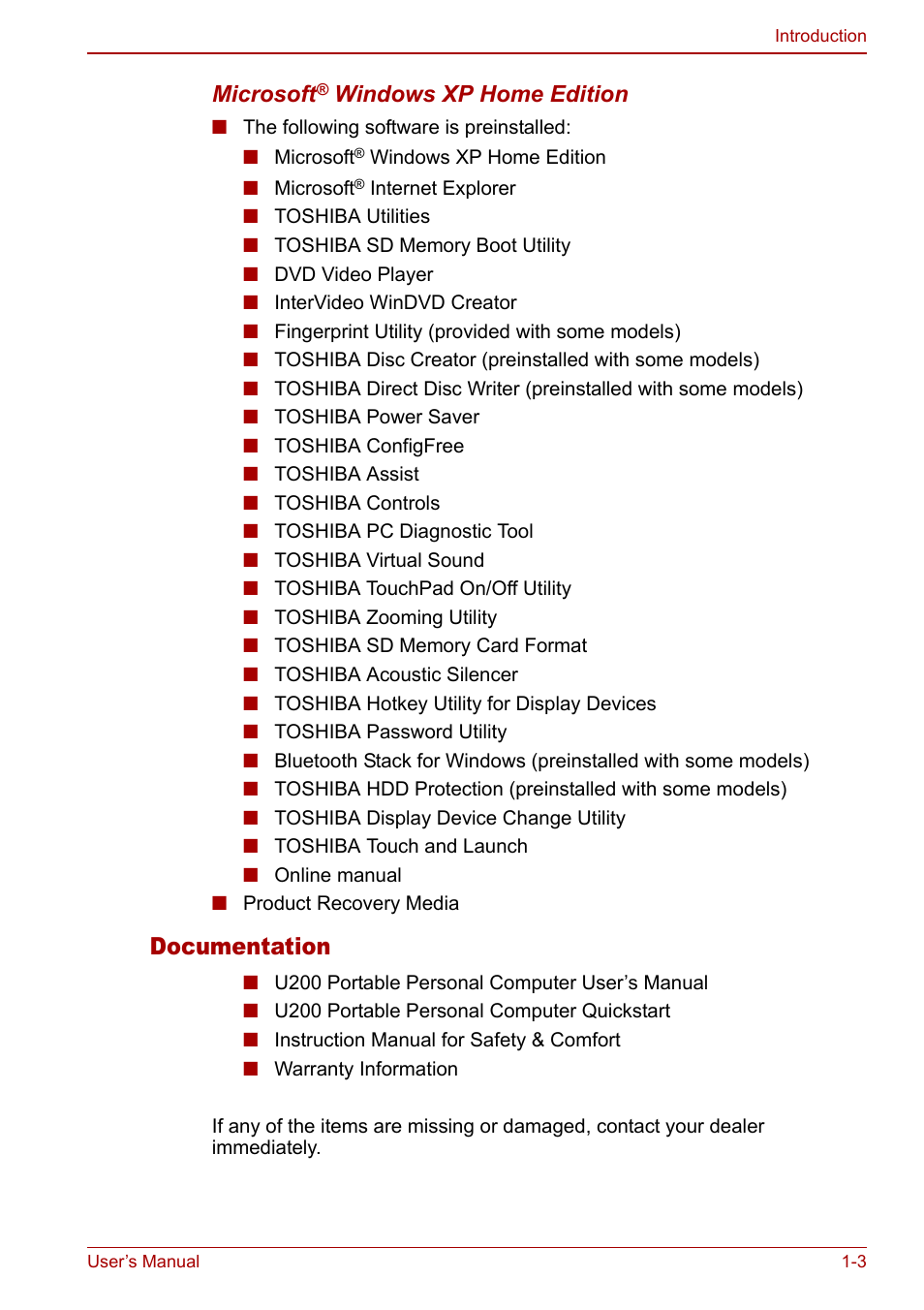 Documentation | Toshiba Satellite Pro U200 User Manual | Page 23 / 236