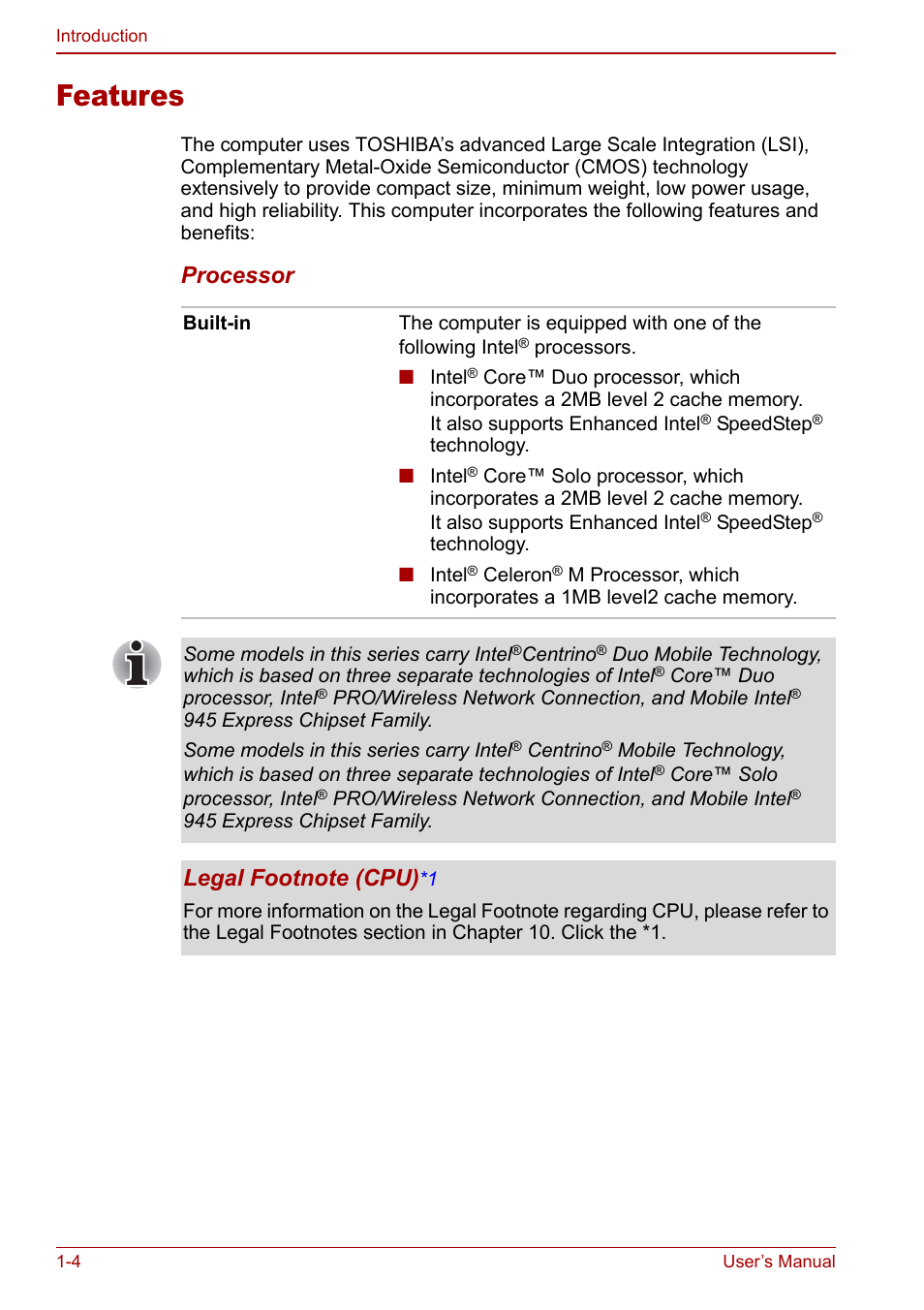 Features, Features -4, Processor | Toshiba Satellite Pro U200 User Manual | Page 24 / 236