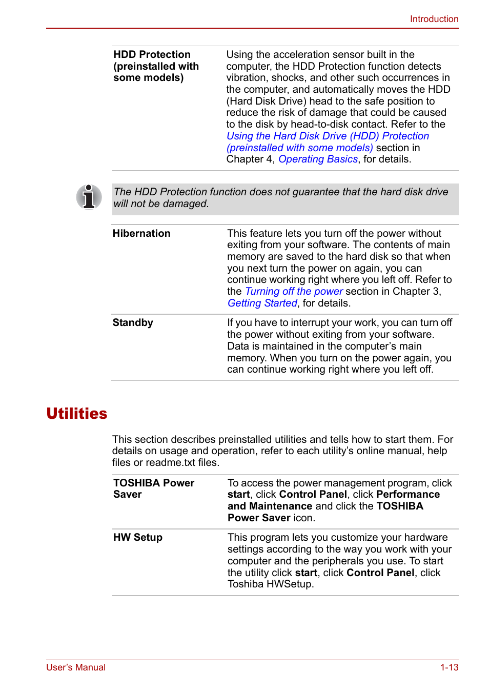 Utilities, Utilities -13 | Toshiba Satellite Pro U200 User Manual | Page 33 / 236