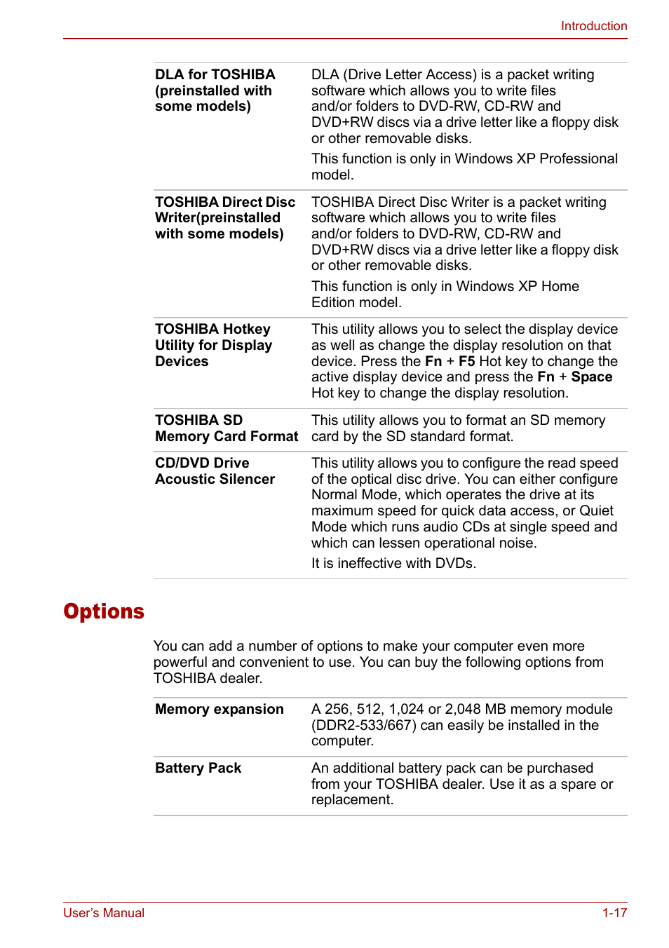 Options, Options -17 | Toshiba Satellite Pro U200 User Manual | Page 37 / 236