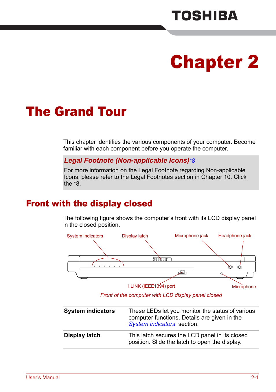 Chapter 2 - the grand tour, Front with the display closed, Chapter 2 | The grand tour, Front with the display closed -1, Apter 2 | Toshiba Satellite Pro U200 User Manual | Page 39 / 236